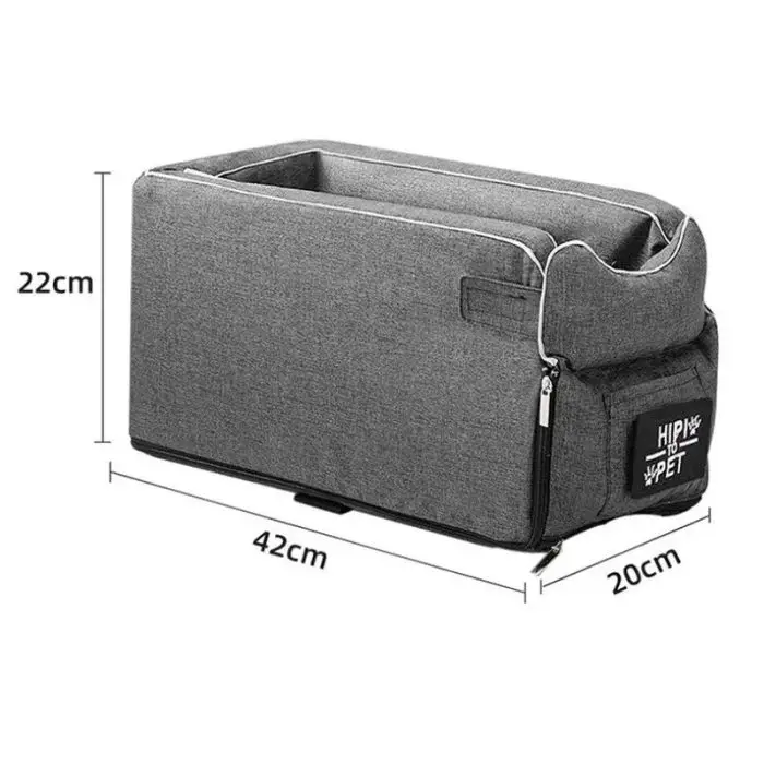 Gray pet car seat booster measuring 22cm in height, 42cm in length, and 20cm in width, with a pocket on the side labeled "10946-60de8d.jpg.