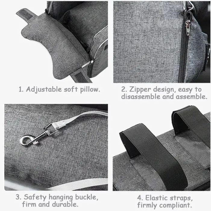 Collage of four images showcasing the features of the 10946-de31bf.jpg: 1. Adjustable soft pillow, 2. Zipper design, easy to disassemble and assemble, 3. Safety hanging buckle, firm and durable, 4. Elastic straps, firmly compliant.