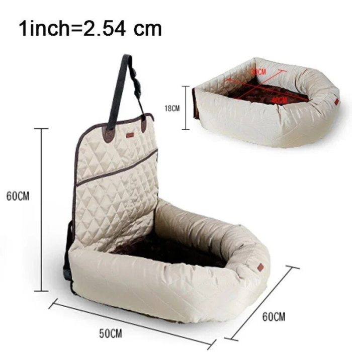 Image of a beige pet car seat cover with safety straps, measuring 60cm by 50cm by 18cm. The pet carrier includes a smaller insert showing dimensions in a rectangular graphic overlay. Conversion noted: 1 inch = 2.54 cm. **10975-6fab4a.jpg**