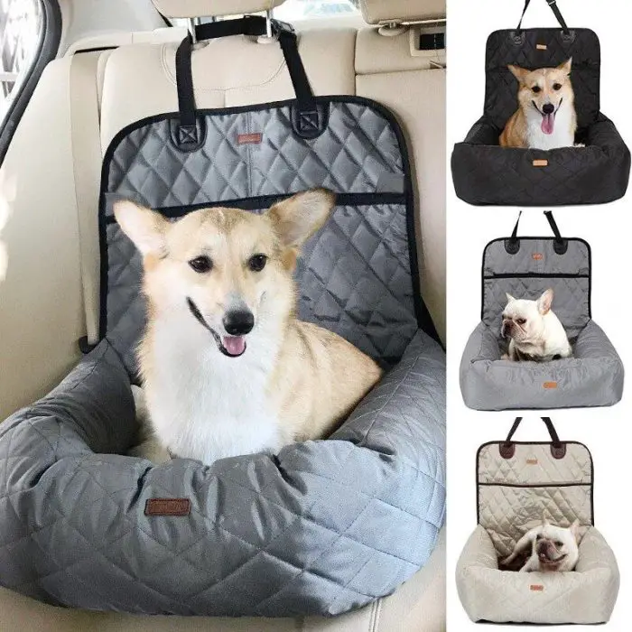 Collage of four images showing dogs in 10975-a9547a.jpg in different colors. The dogs are sitting comfortably and appear content. The pet carrier car seats are secured to the back of the front seat.