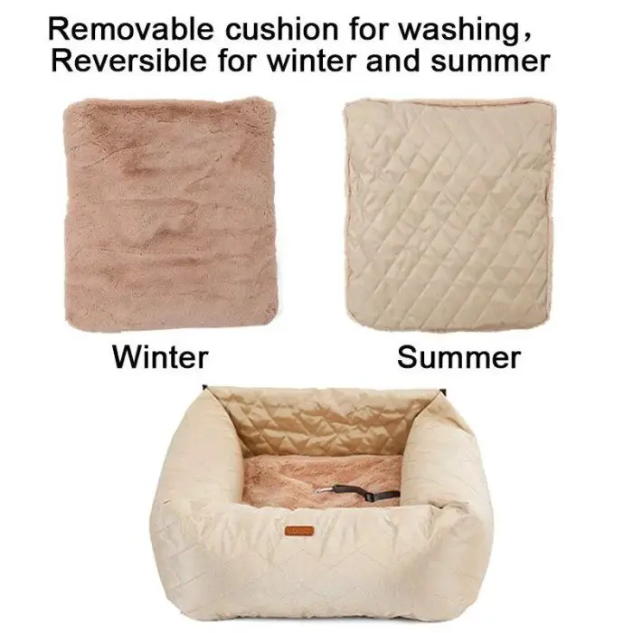 A 10975-c905ce.jpg with a reversible, removable cushion and an added feature of doubling as a pet carrier. One side of the cushion is fur for winter, while the other side is quilted for summer.