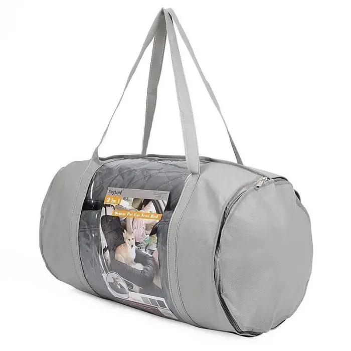 A gray duffel bag displaying packaging for 10975-f789b0.jpg. The bag has two handles and a zippered compartment.