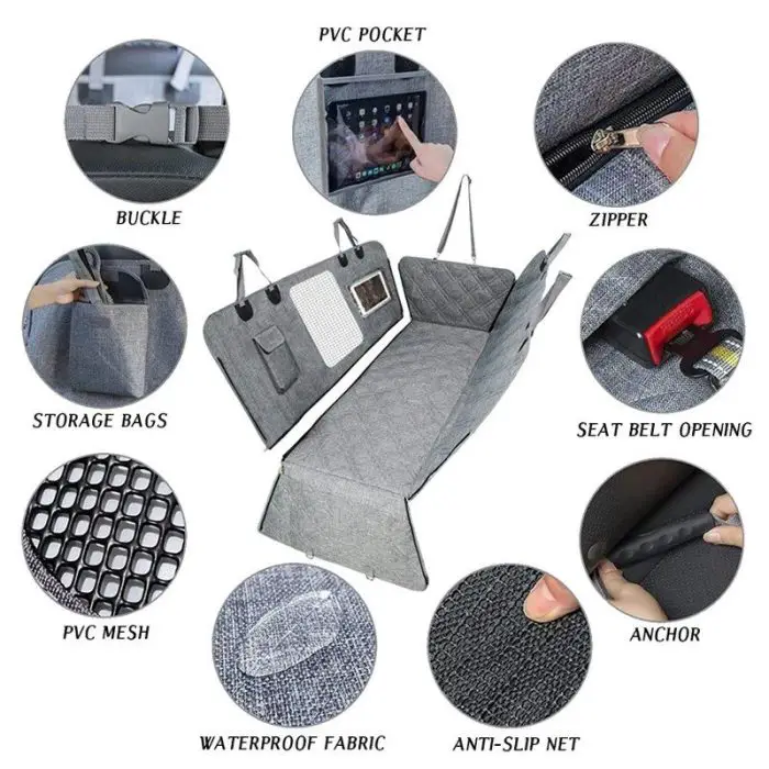 A 10988-4af067.jpg with labeled close-up images highlighting features such as PVC pocket, buckle, zipper, storage bags, seat belt opening, PVC mesh, anchor, and anti-slip net.