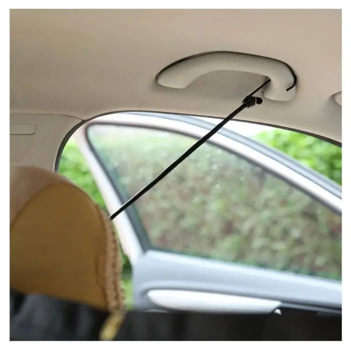 The image shows a rear seat of a car with a hook installed on the ceiling, holding a black strap connected to a partially open car door, which can be used as an efficient pet barrier (11025-2858e7.jpg).