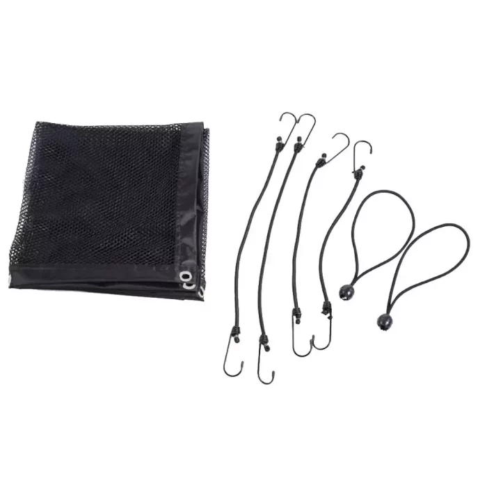 11025-9f6967.webp with multiple black bungee cords featuring hook ends and loop ends, ideal as a pet barrier, arranged on a white background.