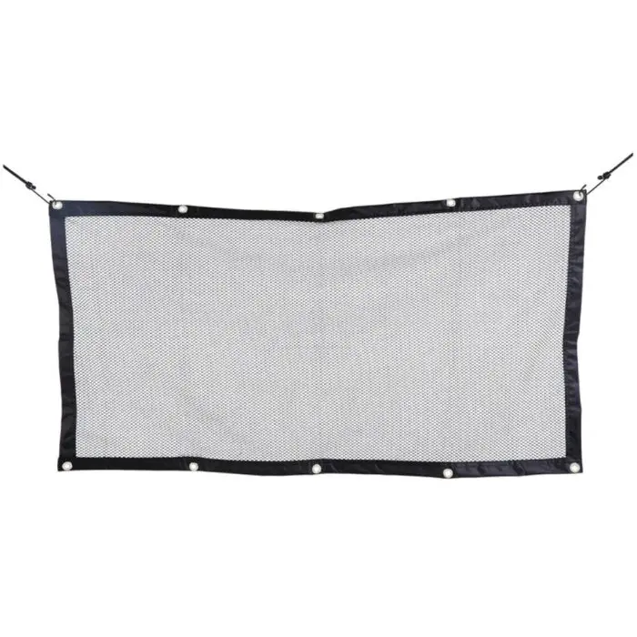 A rectangular black and white pet barrier net with black borders and metal grommets, suspended by two ropes from the top corners, 11025-dd9553.jpg.