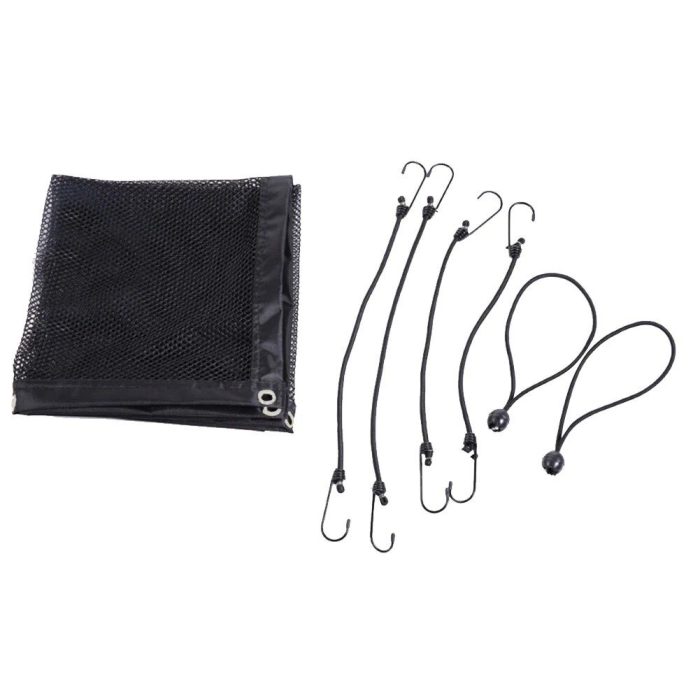 Mesh storage bag with metal grommet and 11025-e42cde.jpg arranged next to it, perfect for organizing or creating a pet barrier in your vehicle.