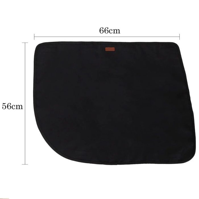 An image showing a black rectangular fabric mat with curved corners, dimensions marked as 66 cm in width and 56 cm in height, designed as a waterproof dog car door cover protector (11032-25df74.jpg).