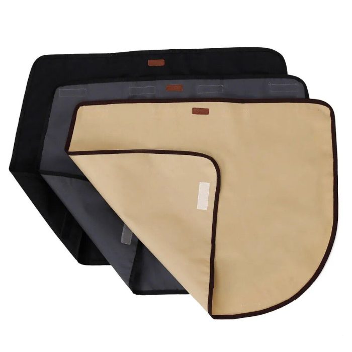 Three layered, waterproof pet pads in beige, gray, and black colors are displayed with one corner folded to reveal the multiple layers and stitching details in 11032-fdfe95.jpg.