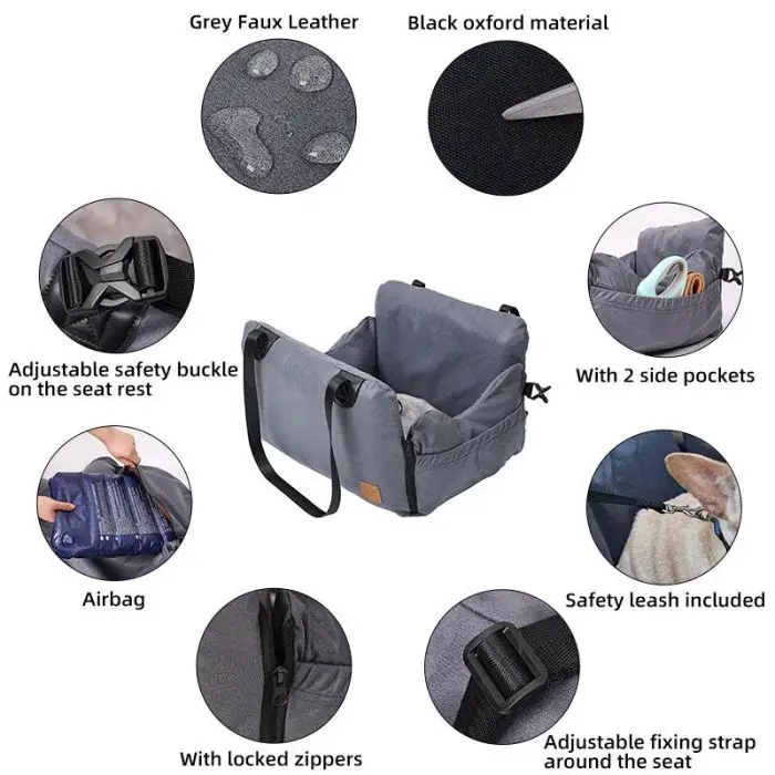 The 11046-11f6d5.jpg with adjustable safety buckle, safety leash, and side pockets. Made from grey faux leather and black oxford material, it features airbags, locked zippers, and a fixing strap for maximum safety during travels.