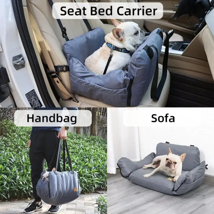 Image showing a French bulldog in a 11046-64c363.jpg secured in a car, then being carried in a matching gray handbag, and finally lying on a gray pet sofa.