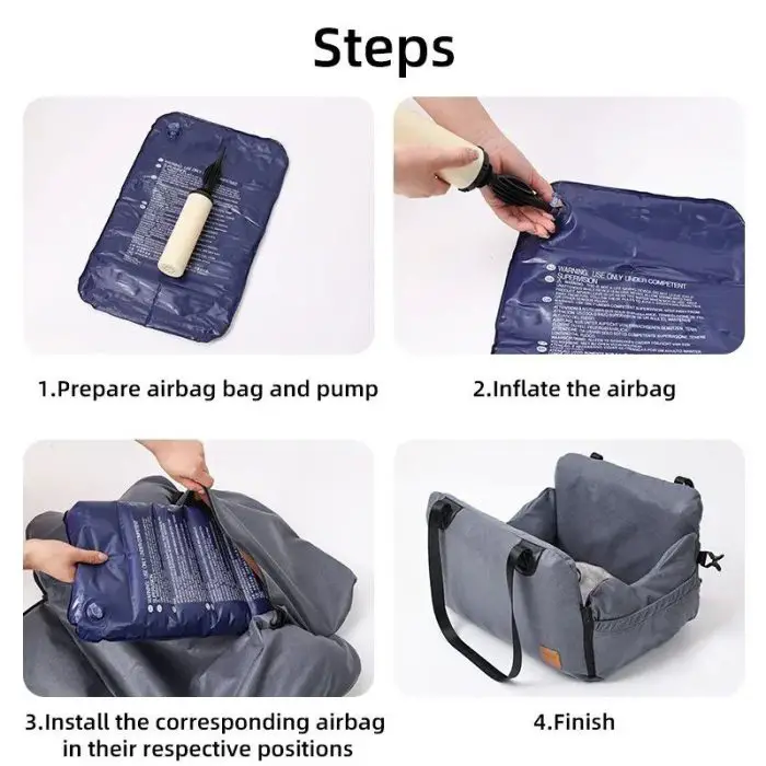 Step-by-step instructions for assembling an 11046-d587bb.jpg for a pet car seat. Steps include preparing the 11046-d587bb.jpg and pump, inflating the 11046-d587bb.jpg, installing the 11046-d587bb.jpg in the seat, and finishing the setup.