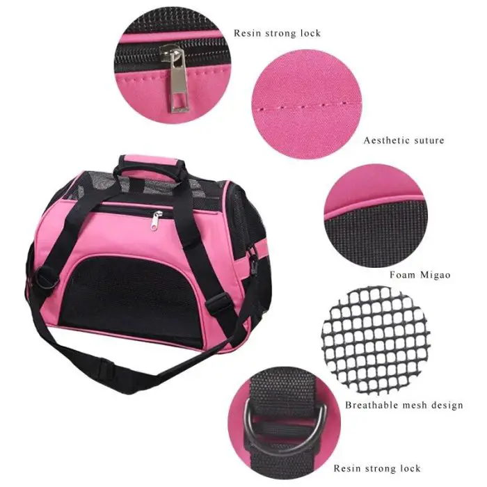 A compact pink and black travel bag with close-up labeled features: resin strong lock, aesthetic suture, foam Migao, breathable mesh design, and durable resin strong lock in 11056-0bf261.jpg.