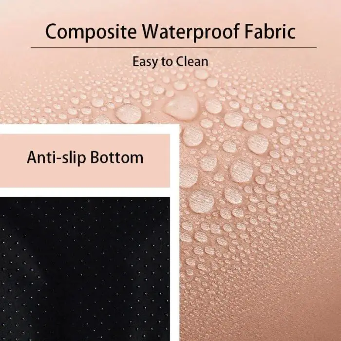 Close-up image of a composite waterproof fabric with water droplets on the surface, demonstrating its easy-to-clean feature. Inset shows the anti-slip bottom with a textured black surface, perfect for 11076-e6e05f.jpg to keep your pet comfortable and secure during travel.