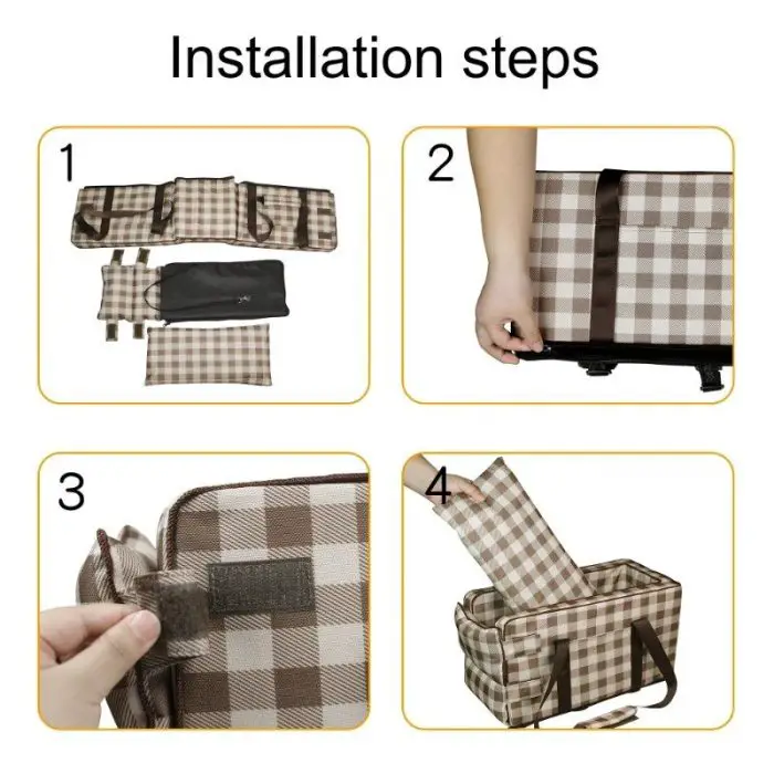 Step-by-step installation guide for 11079-544a03.jpg: 1. Lay out components. 2. Attach sides to the base. 3. Secure flaps with Velcro. 4. Place the insert into the bag.