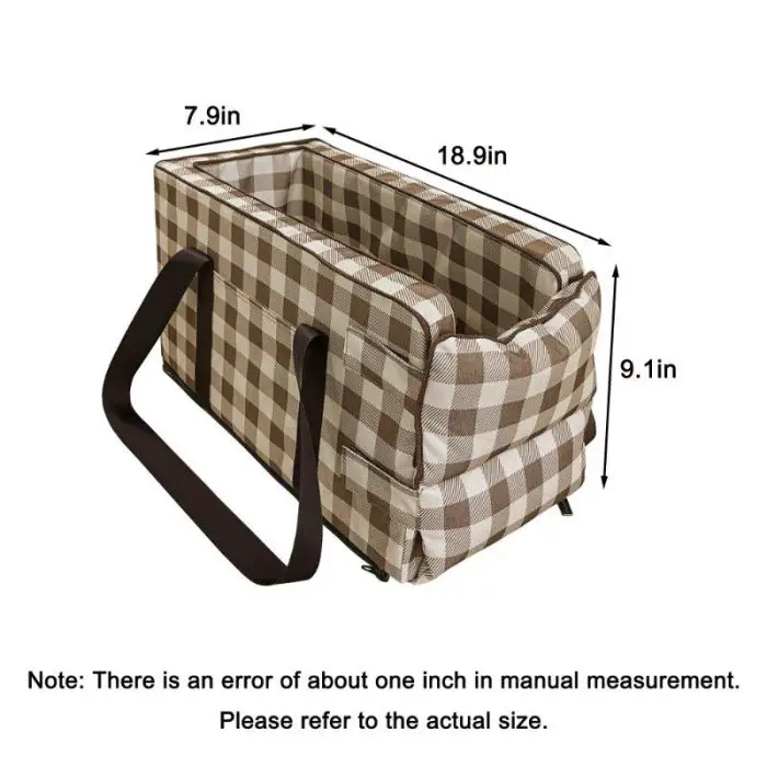 A waterproof, plaid-patterned rectangular bag called 11079-95762b.jpg with dimensions 7.9in x 18.9in x 9.1in is shown. It features carrying handles and a note about a potential measurement error of up to one inch.