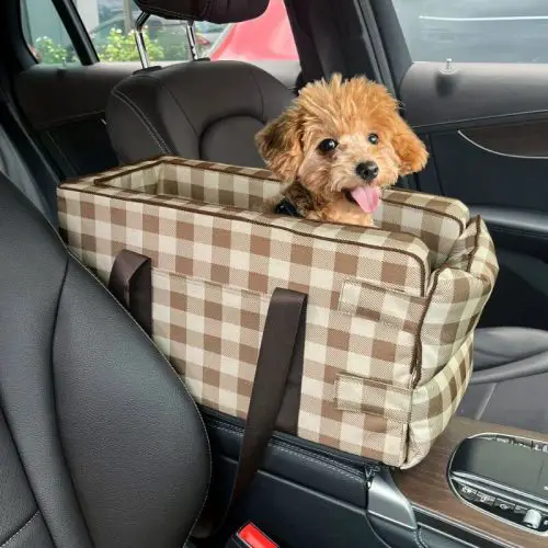 A small brown puppy with curly fur sits inside a checkered, waterproof 11079-a2f10b.jpg on the front passenger seat of a vehicle. The puppy is looking at the camera with its tongue out.