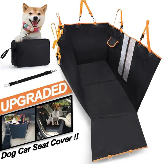 11089-b24961.jpg with orange trim, shown installed in a car. Includes a carrying bag and a seat belt. Image features an in-use photo with a black dog and a "UPGRADED" label.