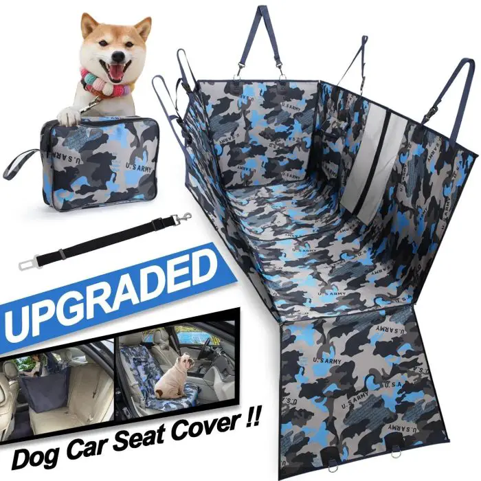 An image of 11089-d0b9e2.jpg in blue camouflage pattern. The cover is shown installed in a car, folded, and in a storage bag. A dog wearing a bandana is in the top left corner. Text reads "UPGRADED".