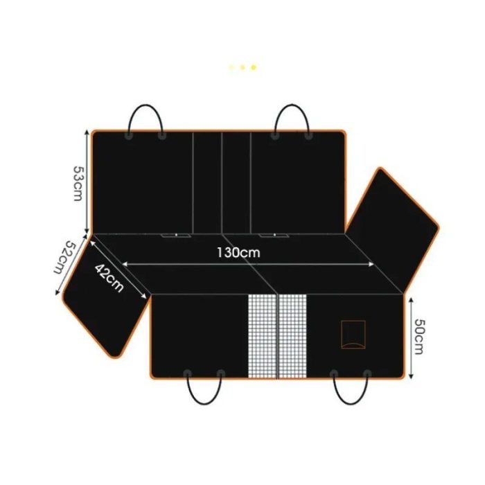 Diagram showing dimensions of a 11089-d87b0d.jpg with measurements: 53cm x 42cm x 52cm for side flaps, and 130cm x 50cm for main section. Handles attached.