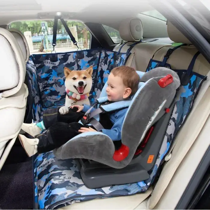 A toddler in a car seat and a Shiba Inu dog, comfortably settled on a 11089-eacf7c.jpg, sit in the back seat of a car, both facing the front.