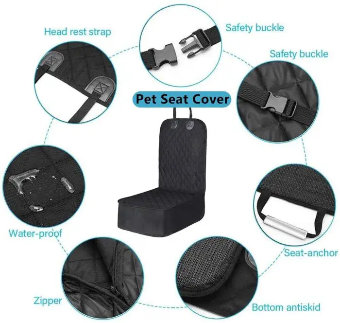 Diagram of the 11102-7e8a43.jpg showcasing features: headrest strap, safety buckle, seat anchor, nonslip backing, zipper, waterproof material.