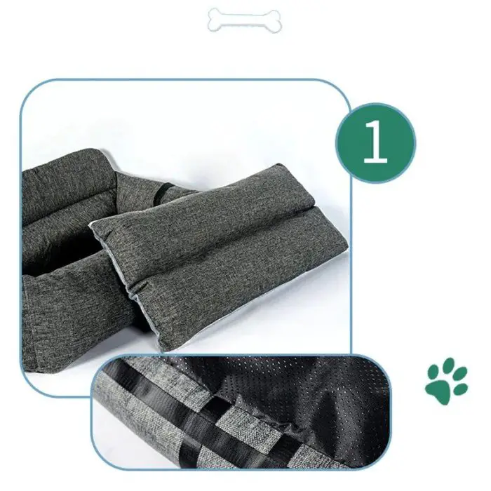 Gray pet bed with padded sides and a soft, textured fabric. A close-up shows the non-slip bottom with dotted grip pads to prevent sliding, making it ideal as a dog car seat. Number "1" is displayed in a green circle. Paw print icon present. Product Name: 11103-140c46.jpg