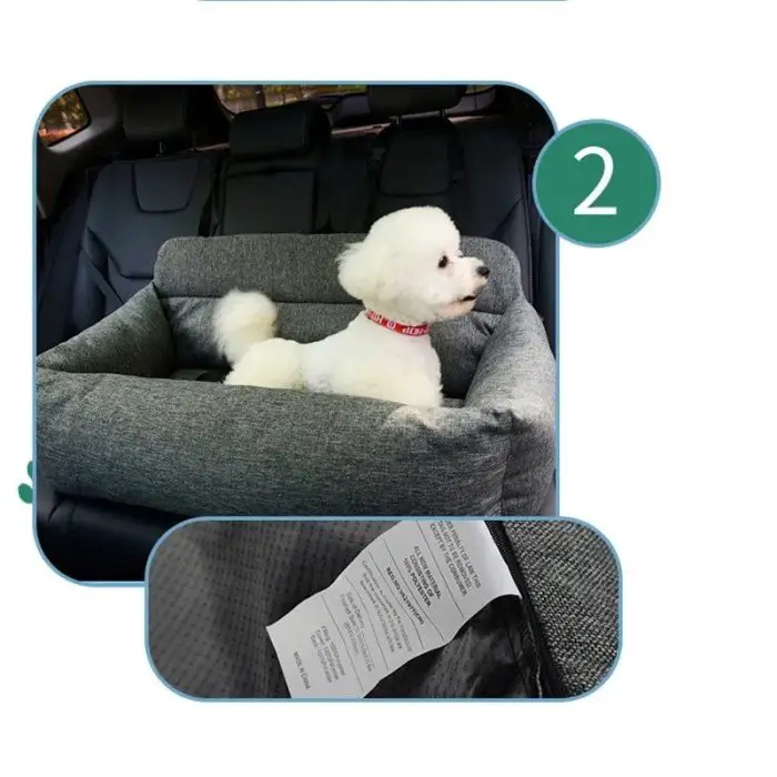 A small white dog sits in a gray 11103-874a55.jpg on a car seat. An inset image shows a close-up of the pet bed's care label.