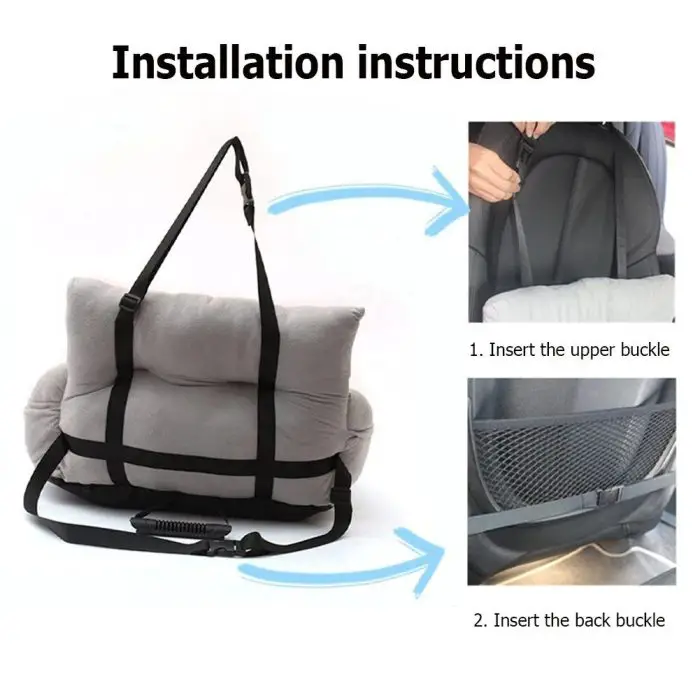 Cushioned seat pad with straps and buckles, perfect for a 11109-25e7de.jpg, is shown with installation instructions. Insert the upper buckle into the top of the car seat. Insert the back buckle into the seat's provided net mesh.