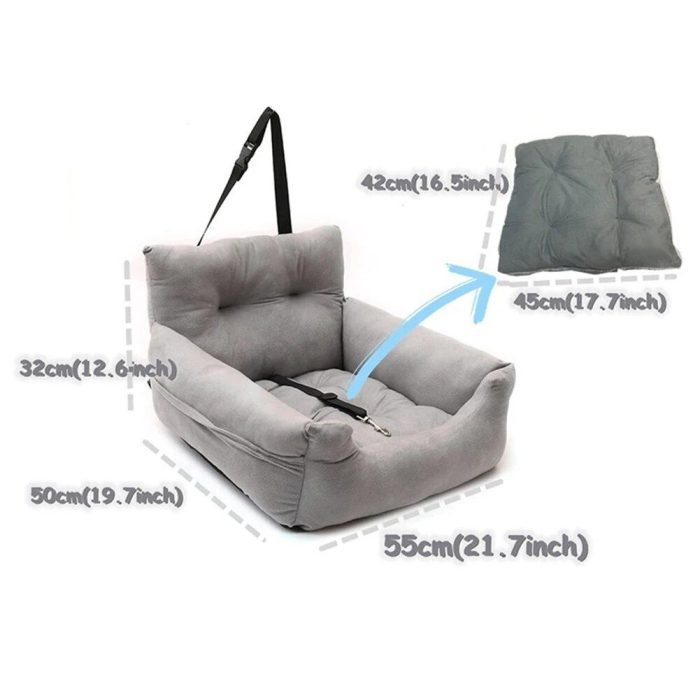 A gray dog car seat (11109-3a86ca.jpg) with dimensions labeled: 32cm (12.6 inches) in height, 50cm (19.7 inches) in depth, and 55cm (21.7 inches) in width. A removable cushion is shown separately, measuring 45cm (17.7 inches).