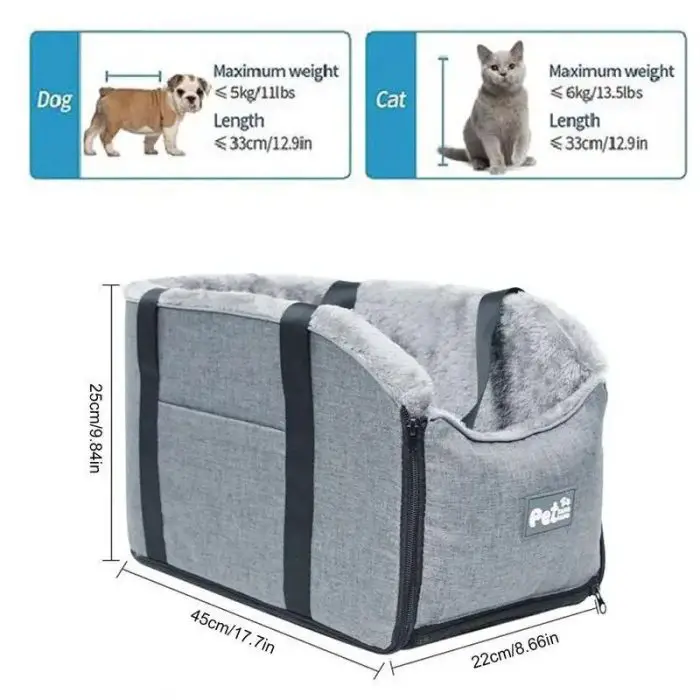 Image of a grey pet carrier with dimensions 45cm x 22cm x 25cm (17.7in x 8.66in x 9.84in). Suitable for dogs up to 5kg (11lbs) and cats up to 6kg (13.5lbs), both up to 33cm (12.9in) in length, doubling as a **11110-0b365a.jpg**