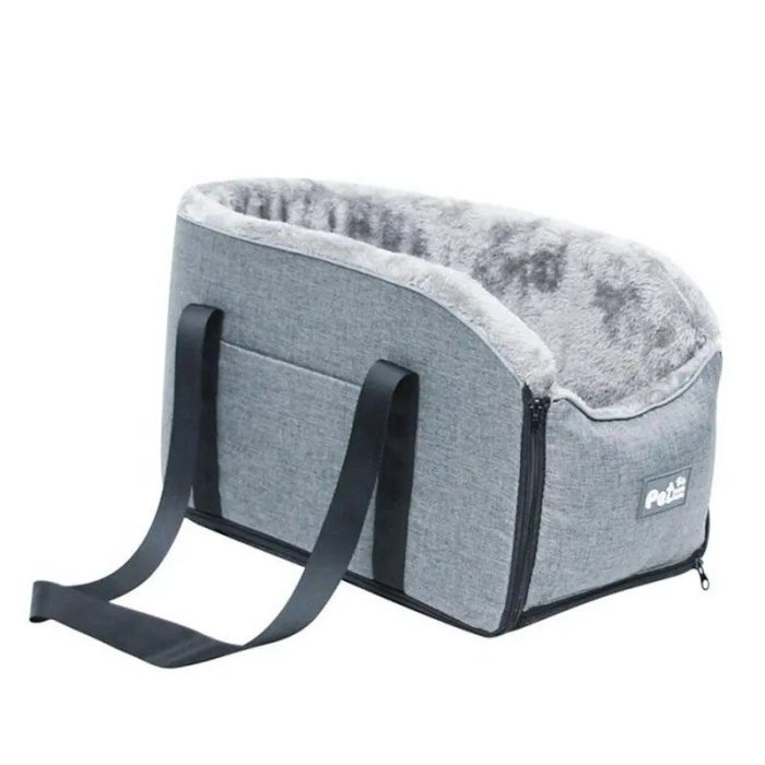 A gray 11110-587546.jpg with soft fur lining, black straps, a zippered closure, and can double as a booster seat for your pet.