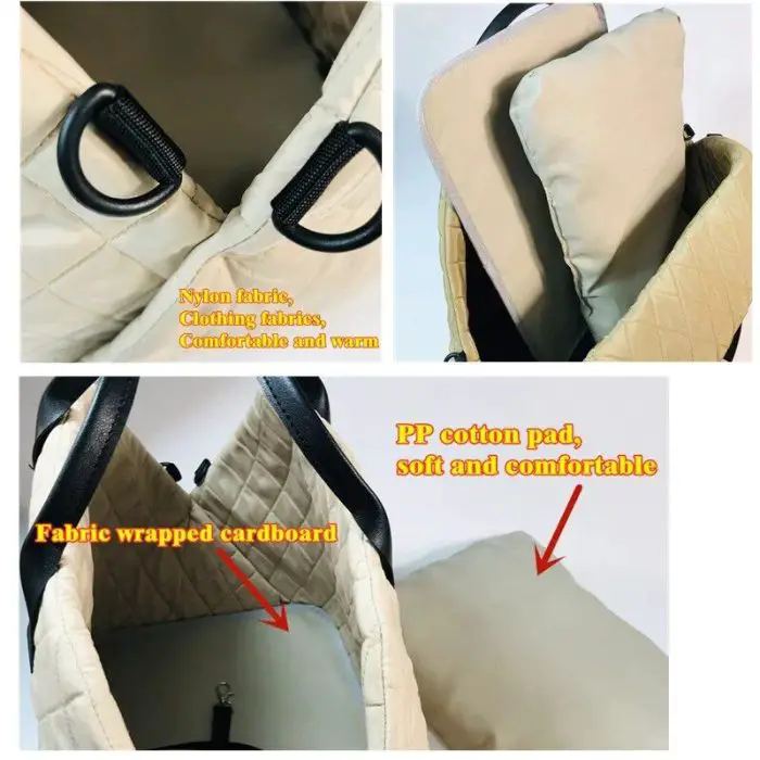 Collage of images showing a beige nylon and fabric bag with black straps. Highlights include a PP cotton pad for comfort, fabric-wrapped cardboard inside, and a close-up of the interior – 11115-a4abe9.jpg is a true cozy companion for all your essentials.