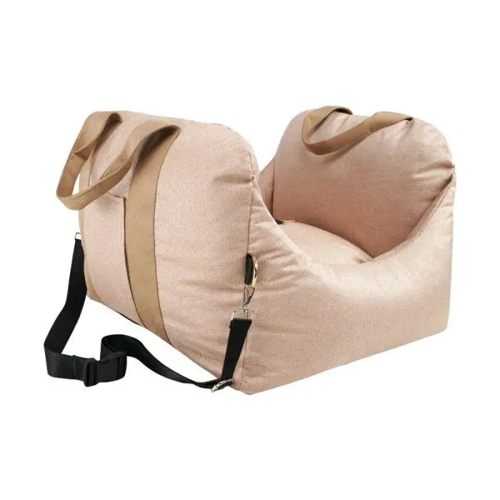 A beige, cushioned 11119-47e6f6.jpg with two tan handles and a black strap for secure attachment.