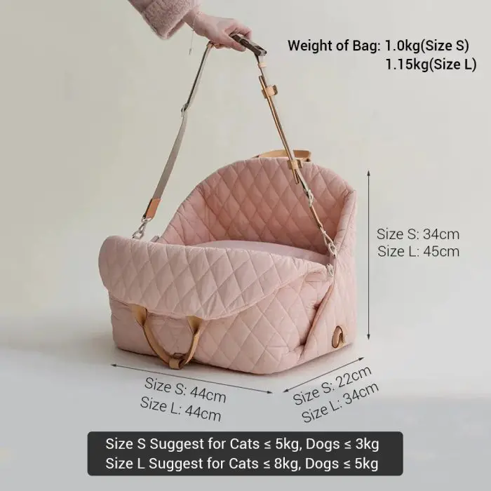 A person holding 11126-288c73.jpg with an adjustable shoulder strap. Text on the image describes dimensions and weight limits for small and large sizes suitable for both cats and dogs.