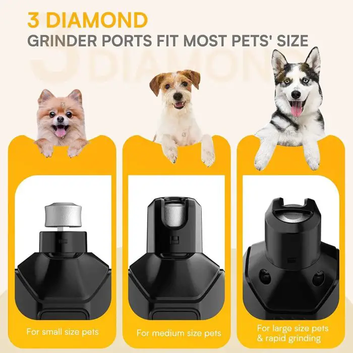 Image showcasing three electric pet nail grinders tailored for different pet sizes: small, medium, and large. Each grinder features a unique design and is illustrated with images of various dogs above each grinder. Product Name: 11462-18f3ec.jpg.