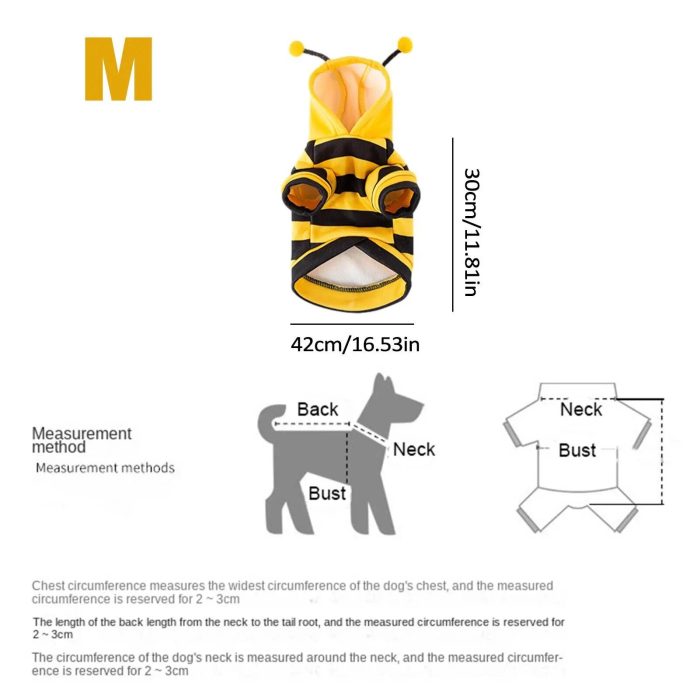 Bee Costume Hoodie for dogs in a charming bee design, labeled size M. Dimensions: 42 cm bust, 30 cm length. Includes a hood and measurement methods diagram for chest, neck, and back length.

Replace Product Name:
11487-d1f08f.jpg
