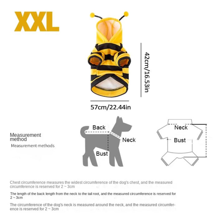 A product named 11487-febb3b.jpg in XXL size, resembling a bumblebee with yellow and black stripes, designed as a Bee Costume Hoodie. The dimensions are 57cm/22.44in bust and 42cm/16.53in back length. Measurement methods diagram included.