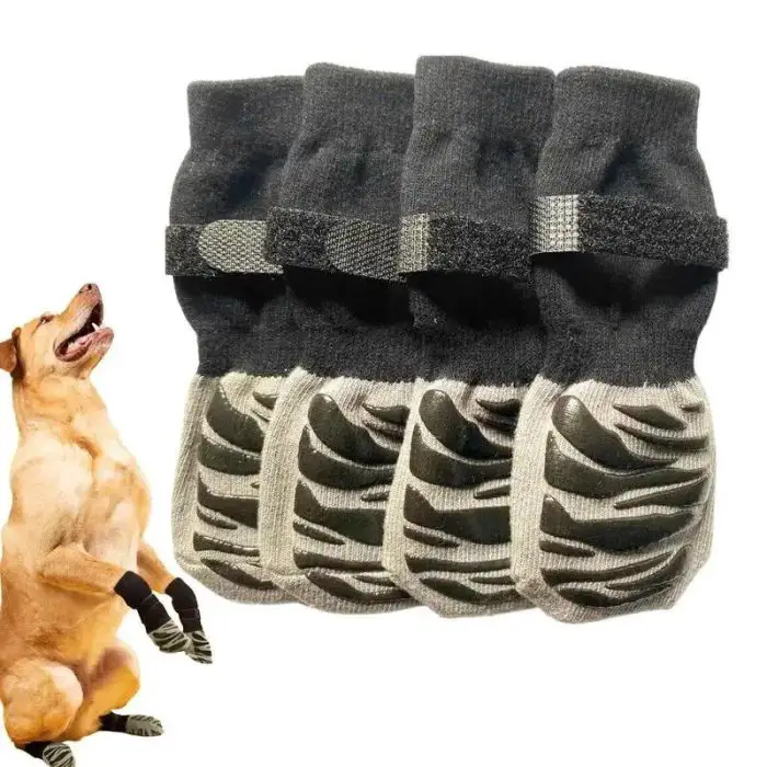 A dog wearing black and gray patterned dog booties is positioned beside a set of 11539-a56862.jpg.