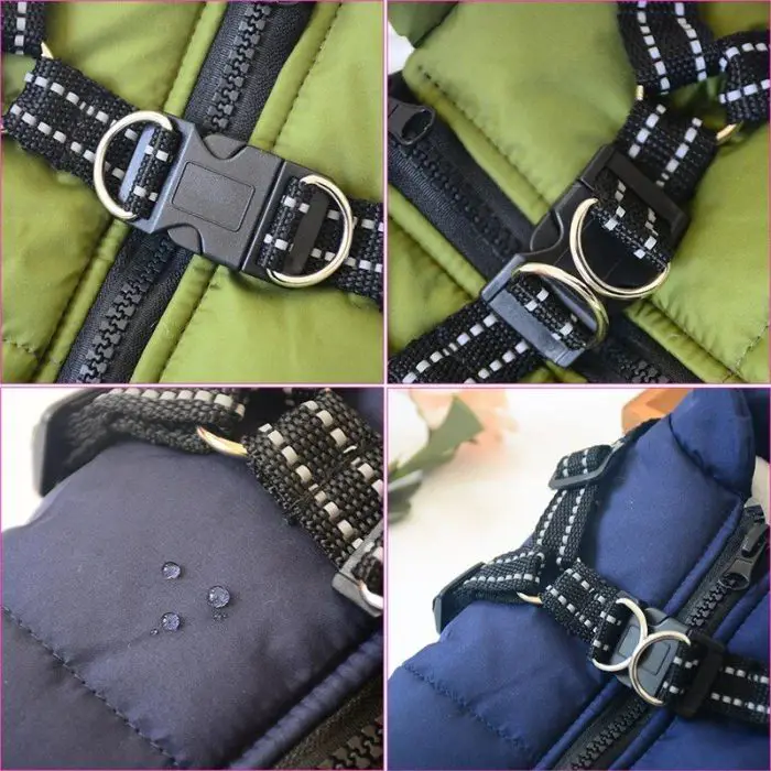 Four close-up images showing detailed views of different parts of 11540-7c5969.jpg: zippers, buckles, and waterproof fabric with water droplets on one panel.