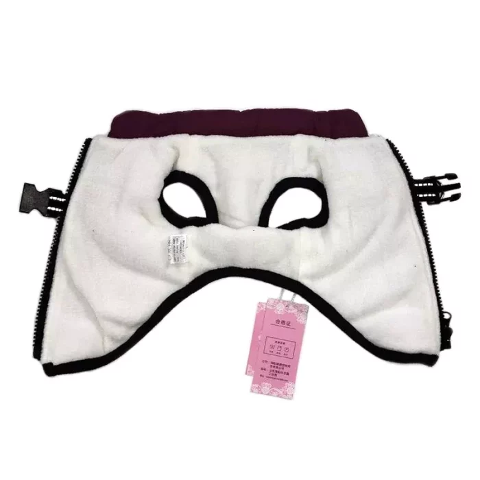 A white and purple eye mask with black trim, featuring two eye holes, zipper closures on the sides, and a pink tag attached to it, reminiscent of the fine details you'd find on a tailored 11540-e605b4.webp.