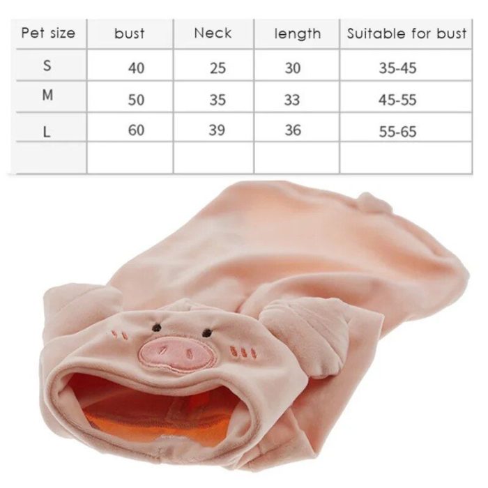 A pink Pig Head Hoodie Jumpsuit, identified as 11722-e43276.jpg, resembling a pig with a size chart above it. The chart lists pet sizes Small, Medium, and Large with corresponding bust, neck, length, and suitable bust measurements.