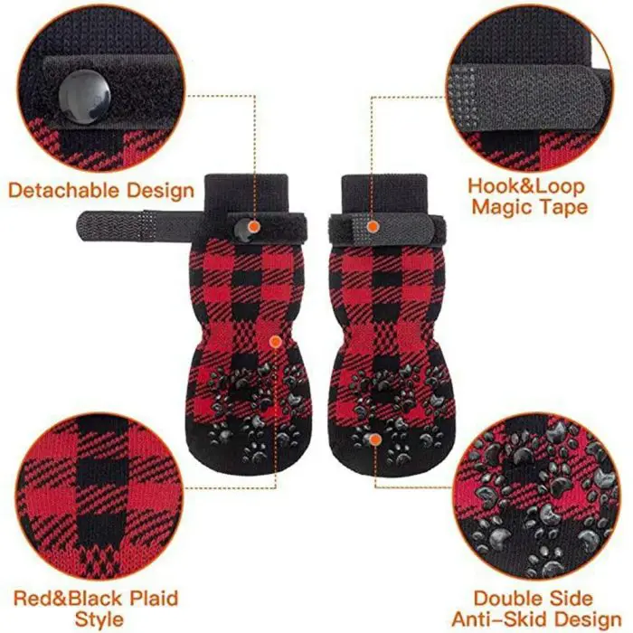 The 11723-3a94c7.jpg product is a pair of red and black plaid pet dog socks that include anti-skid pads, a double-sided design, a detachable strap, and hook-and-loop magic tape.