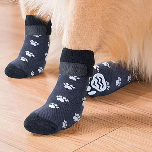 A pet dog proudly sports the 11723-5f5c98.webp black socks with white paw prints and non-slip soles as it stands on a wooden floor.