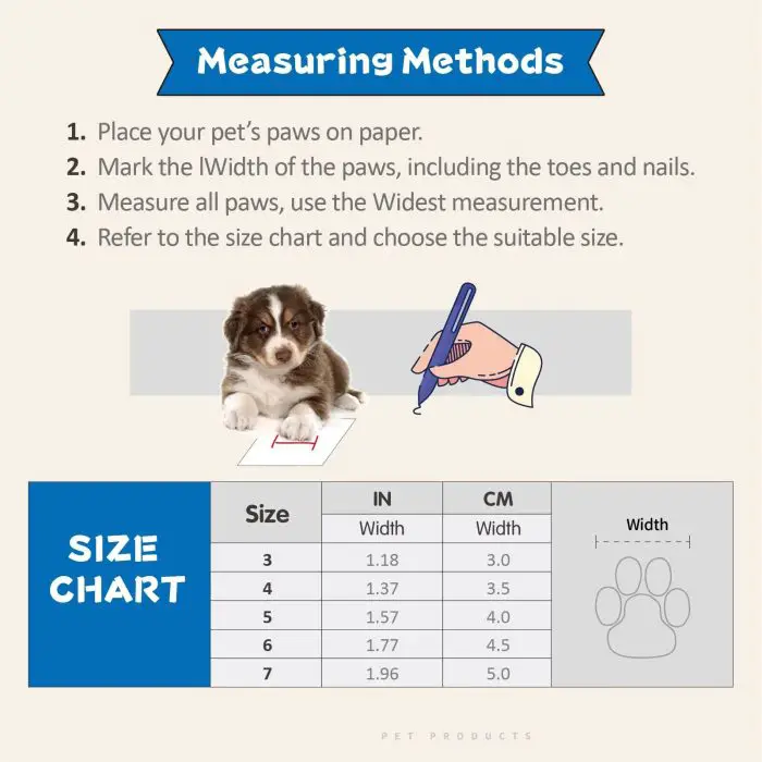 Instructions for measuring a pet's paw width are depicted in the image named 11724-0e9ab7.jpg, featuring a dog standing on paper, a hand holding a pen, and a size chart that details measurements in both inches and centimeters to ensure the perfect fit for dog boots.