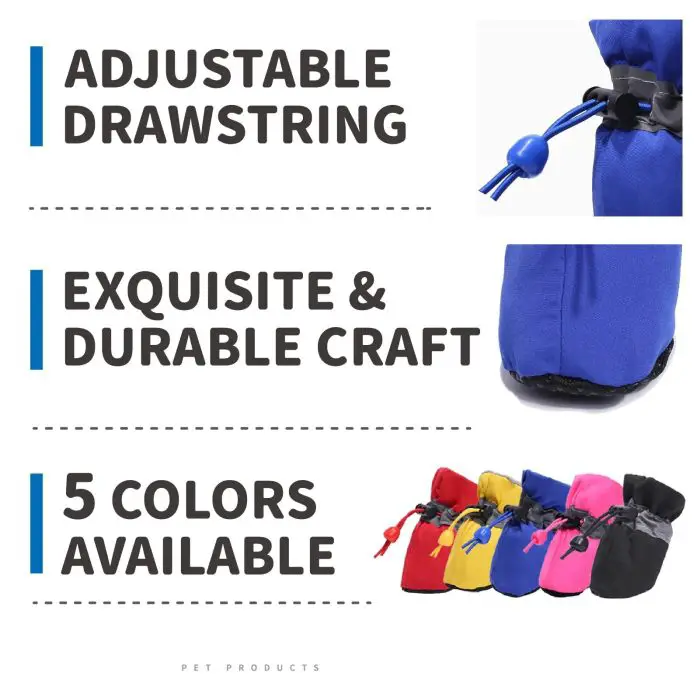 Promotional flyer showcasing 11724-3e7914.jpg, featuring durable dog boots with adjustable drawstrings, meticulously crafted and available in five vibrant colors.