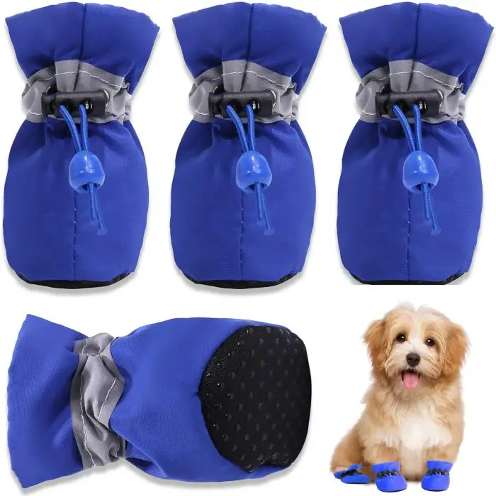 Five images of blue dog boots are shown. The bottom right image features a dog wearing the booties, labeled with the product name 11724-db08a5.jpg.