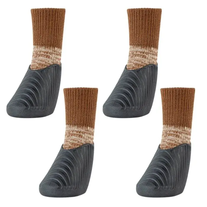 Four pairs of socks for babies, featuring brown knitted tops, black rubber grip soles, and a sleek design similar to waterproof pet rain shoes.