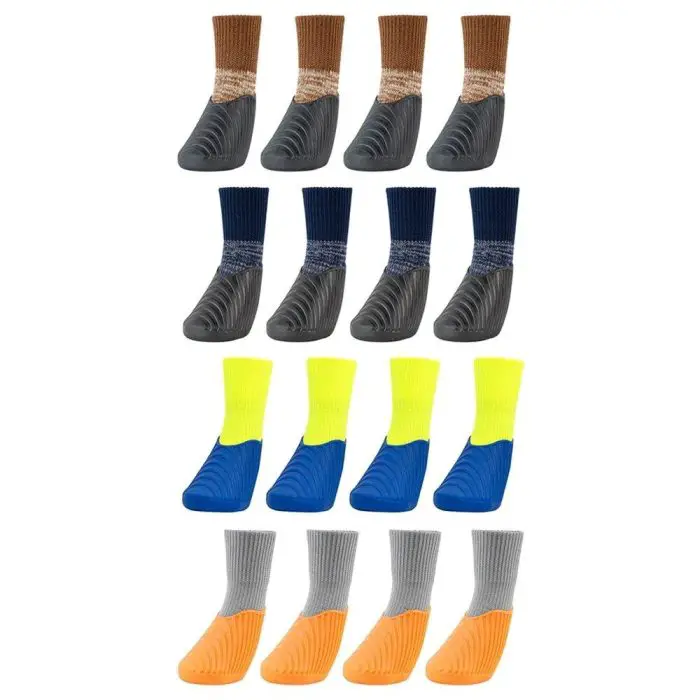 Four sets of children's socks, available in combinations of yellow and blue, navy blue and gray, gray and orange, and brown and gray, are organized into four rows with three pairs in each row. Each set adds a splash of color to your kids' feet while you get Waterproof Pet Rain Shoes ready for their furry companions.