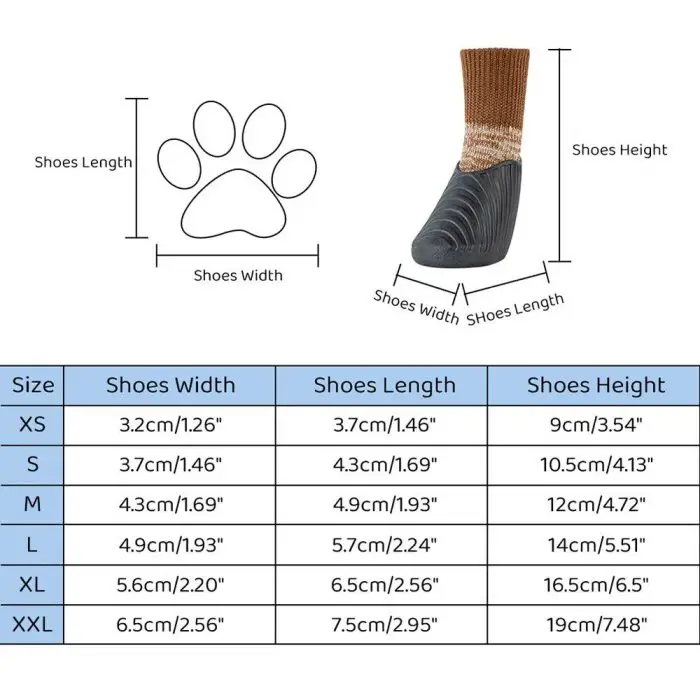 Chart displaying various dog shoe sizes with a diagram showing the measurement of shoe width and length. Sizes range from XS to XXL with corresponding shoe dimensions in both centimeters and inches, ideal for finding the perfect fit for 11725-e2e897.jpg Waterproof Pet Rain Shoes.